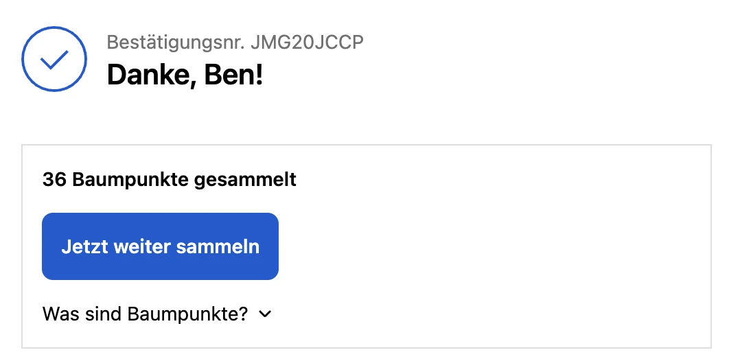Gesammelte Baumpunkte auf der Bestellbestätigung