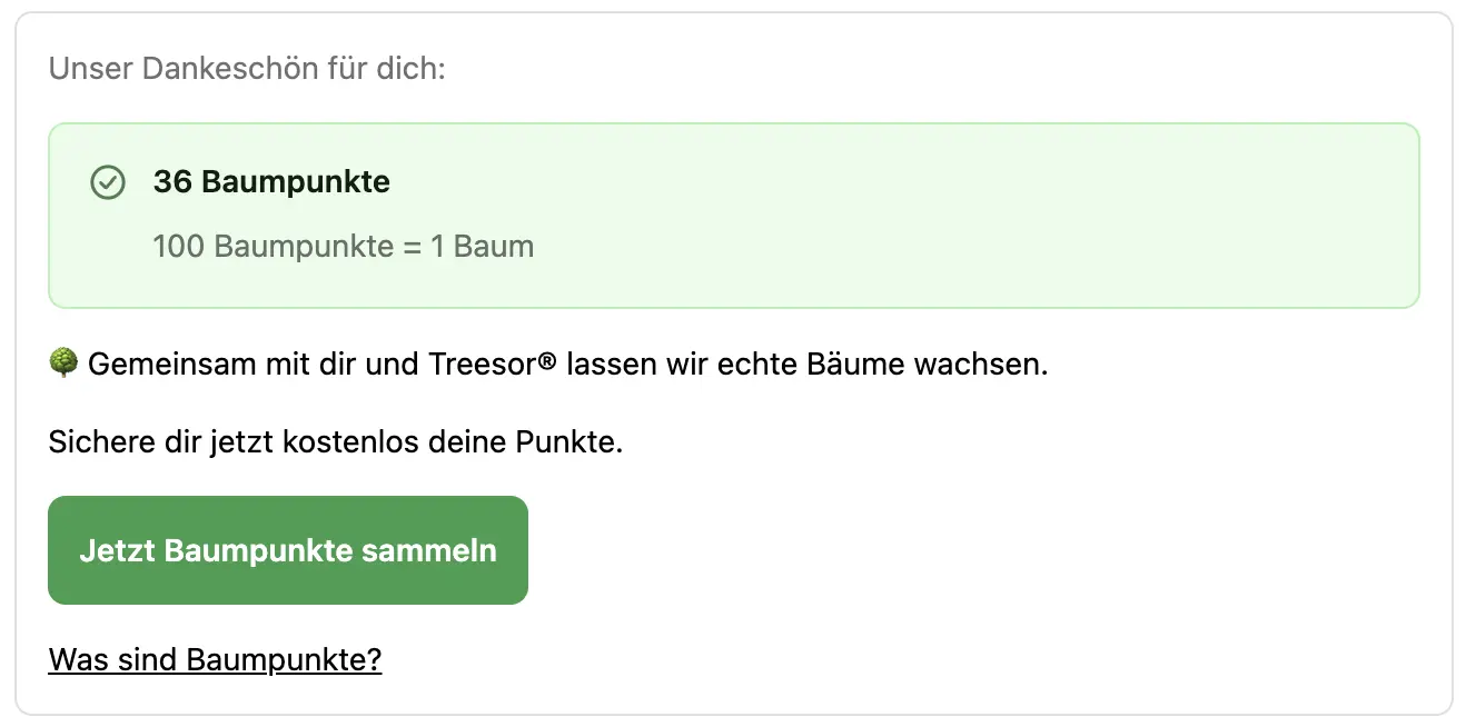 Gesammelte Baumpunkte auf der Bestellbestätigung