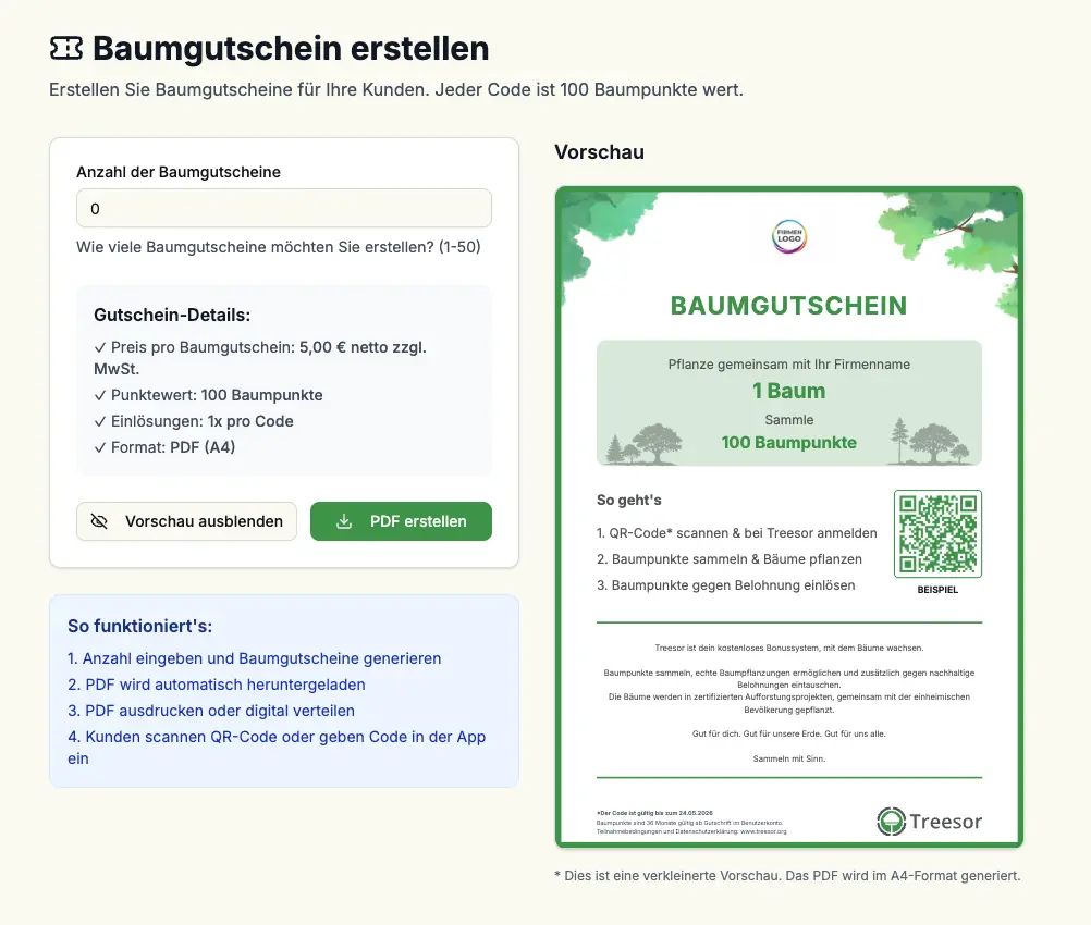 Baumgutschein erstellen im Partnerportal